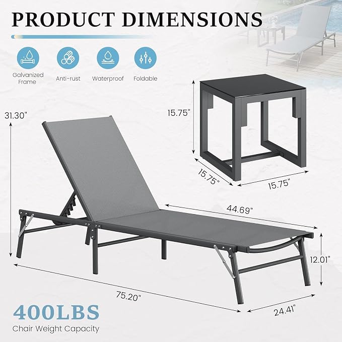 UDPATIO Foldable Patio Lounge Chair Set of 3 No Assembly Outdoor Chaise Lounge with Side Table