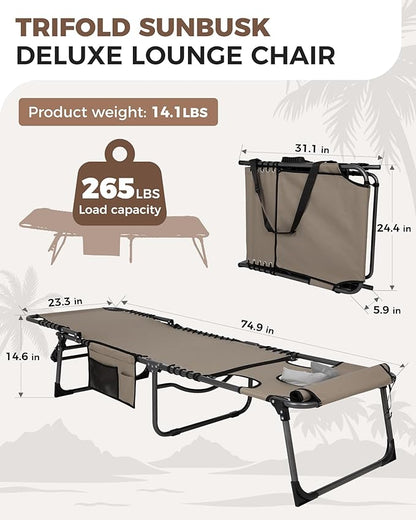 KingCamp Tanning Chair with Face Hole, Lounge Chairs Outdoor Folding Portable Comfy Adjustable 5-Position Lay Flat Foldable Chaise Chaser Lounger for Outside Beach Patio Sun Bathing Pool, Beige