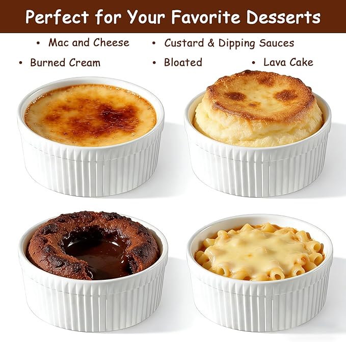 Cinf White 10 oz Set of 4 Souffle Dishes Ramekins Oven Microwave Safe Bowls Creme Brulee Set Sauce Cups for Baking Cooking Dessert Porcelain Pudding Cups