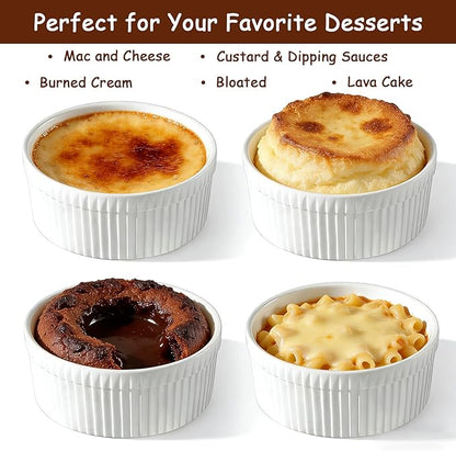 Cinf White 10 oz Set of 4 Souffle Dishes Ramekins Oven Microwave Safe Bowls Creme Brulee Set Sauce Cups for Baking Cooking Dessert Porcelain Pudding Cups