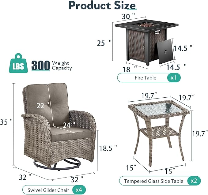 7 Piece Patio Furniture Set with Fire Pit Table - Wicker Patio Conversation Set with 4 Swivel Glider Chairs and 2 Tempered Glass Side Tables for Deck Backyard - Grey Wicker Grey Cushion