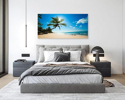 Muolunna ARX0698 Large Canvas Wall Art Summer Ocean Waves Prints Coconut Trees Beach Seascape Painting Hawaii Sea Nature Pictures Stretched and Framed for Living Room Home Office Wall Decor