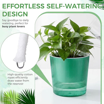 6 Pack Self Watering Pots for Indoor Plants Plastic Vertical Ribbed Semi Transparent Planters, Dual Layer Reservoir for Indoor Succulents Herbs Pothos(Green, White,6.5 x 5.9 Inch)