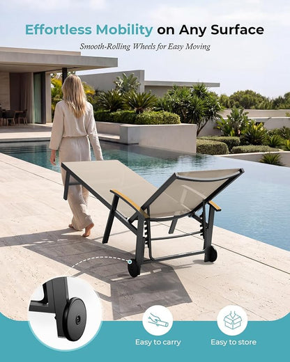 Ciokea Outdoor Lounge Chair with Pillow Set of 4, 5-Position Chaise Lounges with Wheels & Armrests, 400 lbs Heavy Duty Aluminum Pool Lounge Chairs, for Deck, Beach, Backyard & Poolside, Khaki