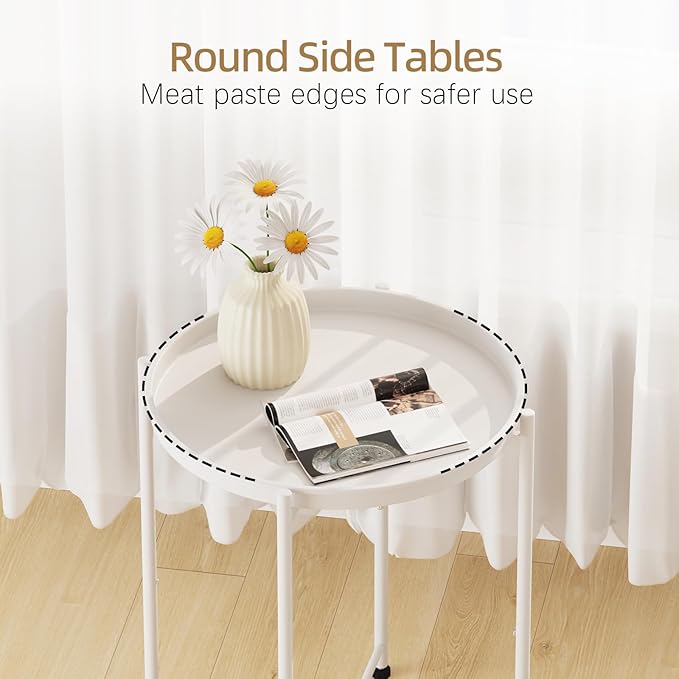 Garden 4 you Small Side Table, White Mini Round End Table, Tray Table with Metal Frame, Modern Nightstand for Living Room, Bedroom, Patio, Small Space, 1PCS