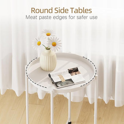 Garden 4 you Small Side Table, White Mini Round End Table, Tray Table with Metal Frame, Modern Nightstand for Living Room, Bedroom, Patio, Small Space, 1PCS
