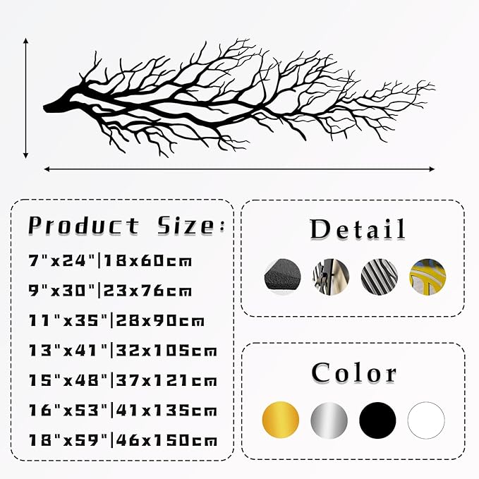 Metal Tree Branch Wall Art - Nature Sculpture, Dry Ivy Home Decor, Large Sign, Housewarming Gift (16"x53"|41x135cm, Gold)