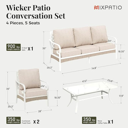4 Piece Patio Furniture Set, 2 x Fixed Chair, 1 x 3-Seat Sofa with Marbling Coffee Table, All Cushioned 5 Seats Outdoor Conversation Set for Lawn Garden Backyard, Beige