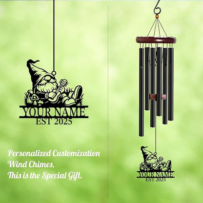 Personalized Customize Name Gnome Wind Chime, Metal Iron 37 Inch Outdoor Memorial Gift for Garden Yard Patio Home Decor, Black，Christmas (Style B)