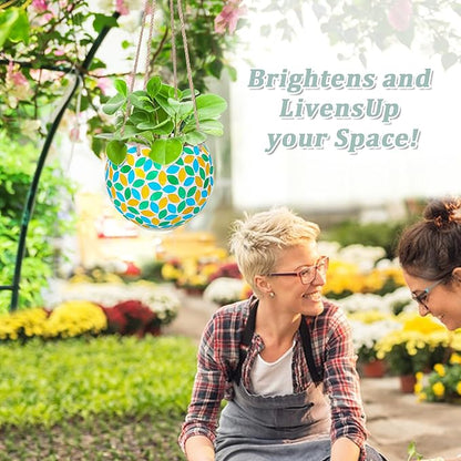 Hanging Planter Mosaic Garden Pot Small Flower Pot for Indoor Plant Disco Ball Hanging Planter with Drainage Green Yellow