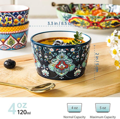 4 oz Ceramic Ramekins Set of 6, Dessert Cups & Dipping Bowls | Colorful Bohemian Pattern, Oven Safe, Ideal for Crème Brûlée, Dips, Sauces & Individual Desserts