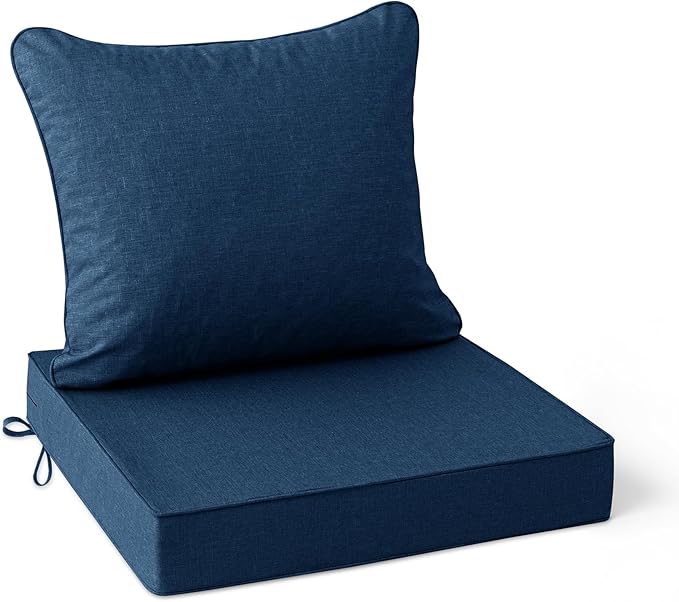 Summsun Outdoor Chair Cushions, Faux Linen Backrest and Deep Seat Cushion Set for Patio Furniture with Weather Resistant Removable Cover, Ties, Non-Slip Bottom, 22 x 22 Inch, Navy