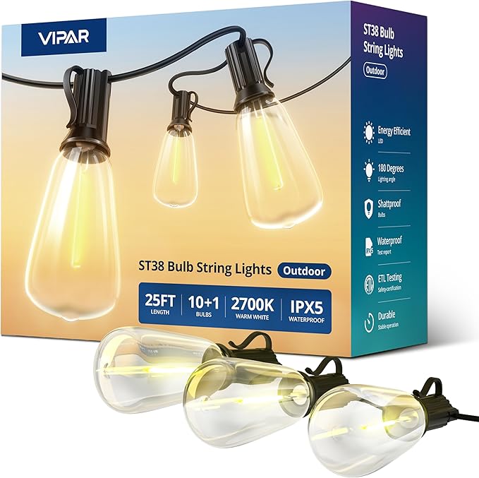 VIPAR Outdoor String Lights 25FT LED Patio Lights IPX5 Waterproof with 10+1 ST38 Shatterproof Edison Bulbs, 2700K Connectable Outside Hanging Light for Porch, Garden, Backyard, Deck, Balcony, E12 Base