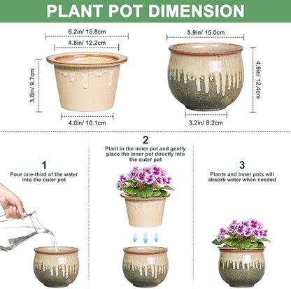 Ceramic Self Watering Pots, 6 Inch African Violet Pots with Absorbent Inner Pot, Round Self Watering Planter, Planters for Indoor Plants, House Decor, Plant Lover Gifts, Yellowish Brown-Beige