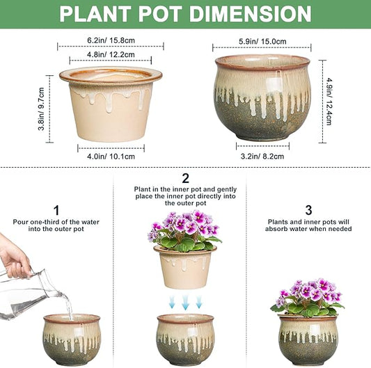 Ceramic Self Watering Pots, 6 Inch African Violet Pots with Absorbent Inner Pot, Round Self Watering Planter, Planters for Indoor Plants, House Decor, Plant Lover Gifts, Yellowish Brown-Beige