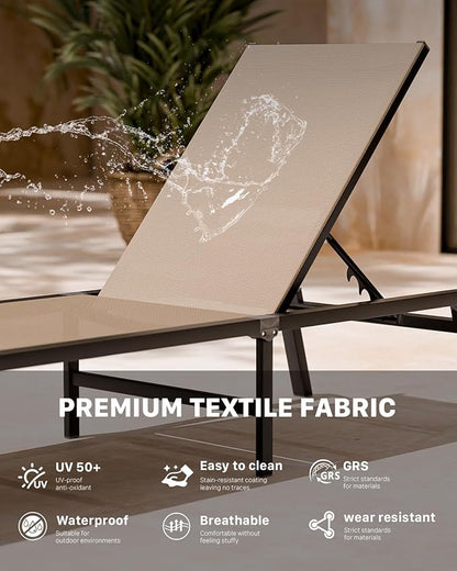 Aluminum Chaise Foldable Patio Lounge Chair Outdoor, Metal Deck Lounger Adjustable 5-Position Recliner Pool Chase Breathable Full Flat Outside Sun Tanning Chairs for Beach/Poolside/Lawn(Khaki, 1 Pack)