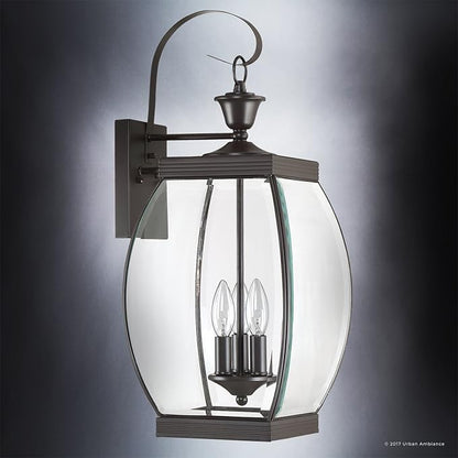 Urban Ambiance Luxury Colonial Outdoor Wall Light, Large Size: 22.5" H x 9" W, with Transitional Style Elements, Bowed Design, Gorgeous Dark Medieval Bronze Finish and Beveled Glass, UQL1172