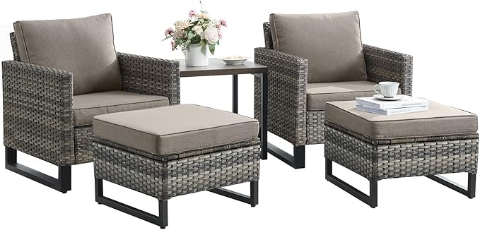 Wicker Outdoor Patio Furniture Set - 5 Piece Patio Conversation Set with 2 Wicker Armrest Chairs,2 Rattan Ottoman and 1 Metal Side Table for Outside Porch Deck Backyard Garden(Mixed Grey/Grey)