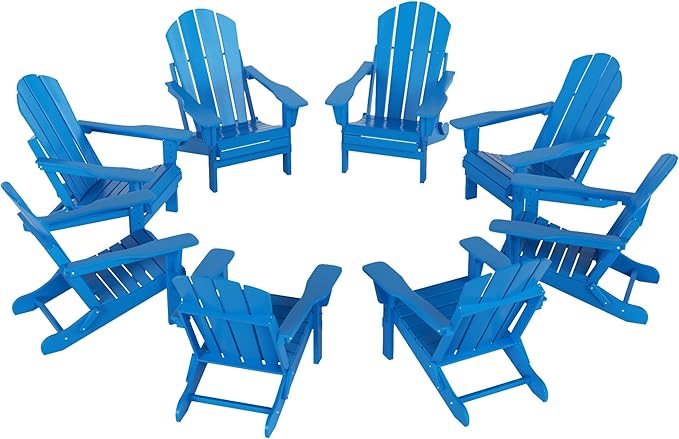 Westin Outdoors Laguna WO Outdoor Adirondack Folding Patio Chairs 8 PCS Set Retro Beach Aesthetic for Backyard, Lawn, Patio, Deck, Garden, Weather Resistant Polyethylene Plastic Lounger (Pacific Blue)