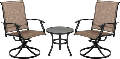 NUU GARDEN 3 Piece Outdoor Bistro Set, 2 Swivel Bistro Chairs and 20" Round Bistro Table, Patio Textilene Fabric, Powder-Coated Iron Frame, for Patio, Deck, Garden, Backyard, Black and Brown