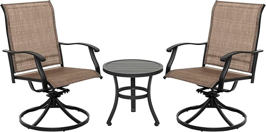 NUU GARDEN 3 Piece Outdoor Bistro Set, 2 Swivel Bistro Chairs and 20" Round Bistro Table, Patio Textilene Fabric, Powder-Coated Iron Frame, for Patio, Deck, Garden, Backyard, Black and Brown