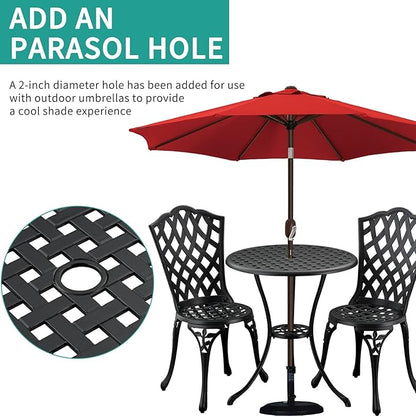 3-Piece Outdoor Bistro Set Cast Aluminum Patio bar Set with Umbrella Hole, Balcony, Backyard (Black, Grid)