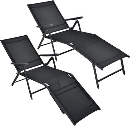 Tangkula Folding Lounge Chair Outdoor, Recliner Chaise Lounge with 5-Position Adjustable Backrest & 2-Position Footrest, No Assembly Required, Suitable for Patio Poolside Beach Yard (2, Black)