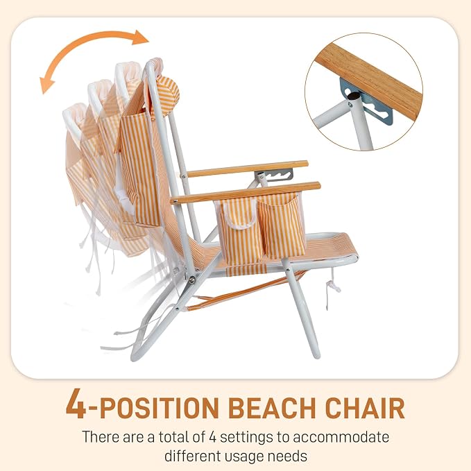 Outvita 2 Pack Folding Beach Chair, 4 Position Adjustable Reclining Lounge Chair with Padded Headrest, Large Rear & Side Storage Pockets, Lightweight Portable Outdoor Chair for Beach Pool Garden BBQ
