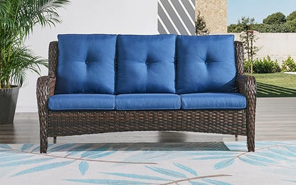 HUMMUH Outdoor Furniture 4 Pieces Patio Furniture Set Wicker Outdoor Sectional Sofa with 2 Patio Chairs,Coffee Table(Grey/Blue)