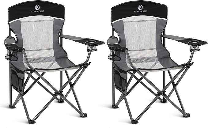 ALPHA CAMP Heavy Duty Camping Chair 500LBS Capacity, Oversized Folding Chair for Heavy People, Padded Portable Outdoor Chair with Cooler Bag & Cup Holder for Camping, Fishing, Beach