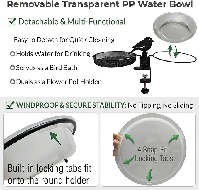 Deck Bird Feeder & Bird Bath for Railing – No-Drill Clamp Fits Balcony, Deck & Fence up to 1.97"/5cm – Rust-Resistant Metal Mesh Tray + Windproof Water Bowl Combo, Wild Bird Feeding Station with Brush