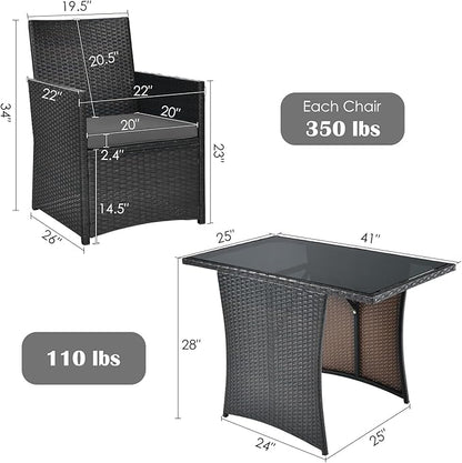 HAPPYGRILL 3 Piece Outdoor Wicker Bistro Set PE Rattan Dining Table Set with Cushioned Chairs, Patio Conversation Set for Backyard Porch Garden and Poolside