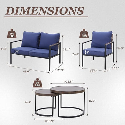 COOS BAY Sand Dune 5 Piece Wicker Patio Furniture Set, Rattan Outdoor Furniture with Nesting Tables, Chairs, Loveseat, and Coffee Tables, Brown/Blue