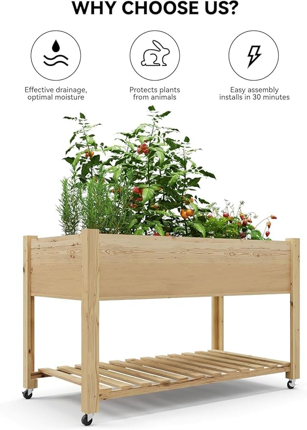 GarveeHome Raised Garden Bed 48x24x32 in Mobile Elevated Wood Planter Raised Beds w/Lockable Wheels, Storage Shelf, and Protective Liner for Indoor/Outdoor Gardening,Natural