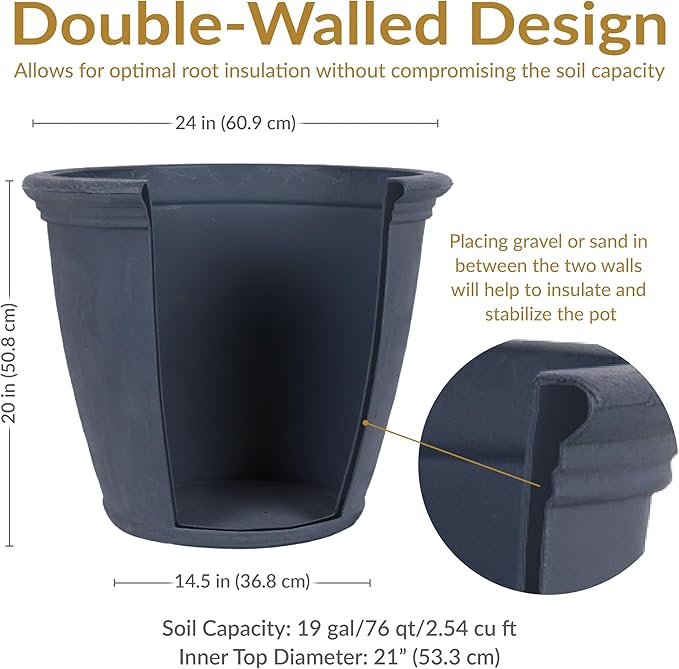 Sunnydaze 24-Inch Anjelica Large Plastic Pot for Plants - Double-Walled Outdoor Polyresin Round Planter Porch Pot with Drillable Drainage Holes - Slate - 3pk