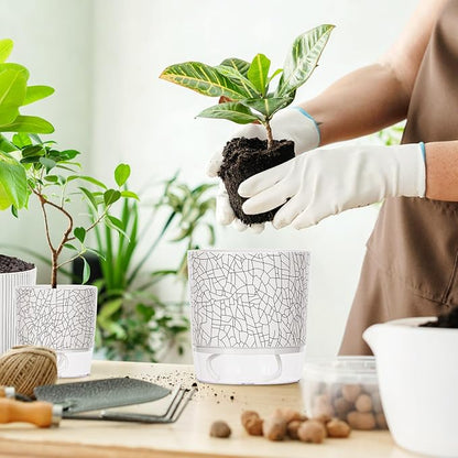 6 Pack Self Watering Pots for Indoor Plants, 4+5.5+6.3 Inch Self Watering Plant Pots Set, Flower Pots with Wick Rope and Reservoir for African Violet, Spider Plant, Orchid - Crack Texture