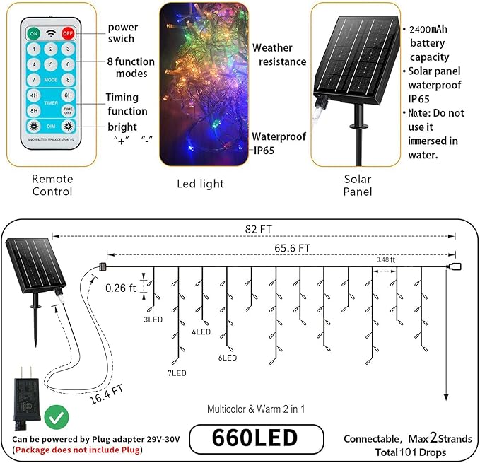 Solar Icicle Christmas Lights Outdoor - 82Ft 660 LED Multi-color Icicle Lights Outdoor Solar Powered with Remote, Color Changing Solar Icicle String Lights Waterproof for Outside Roof House Yard Decor