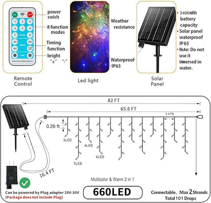Solar Icicle Christmas Lights Outdoor - 82Ft 660 LED Multi-color Icicle Lights Outdoor Solar Powered with Remote, Color Changing Solar Icicle String Lights Waterproof for Outside Roof House Yard Decor
