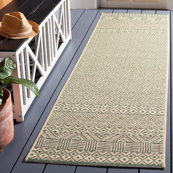 SAFAVIEH Washable Rug Outdoor Courtyard Collection - 2'3" x 8' Runner, Dark Green & Beige, Non-Shedding & Easy Cleaning, Ideal for Patio, Entryway, Mudroom, Hallway, Kitchen (CY6235-32212)