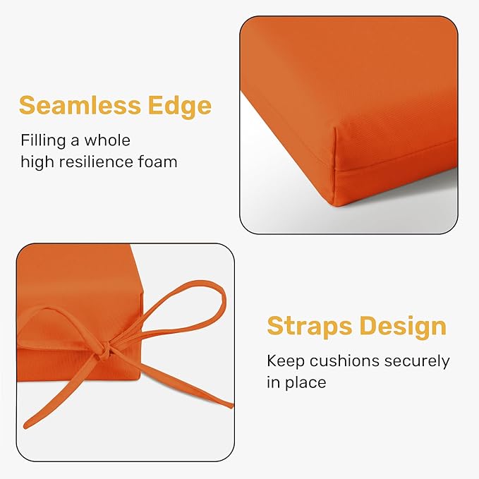 UNIKOME Outdoor Chair Cushions Pack of 4, Water Resistant Patio Cushions with Ties, High Density Sponge Filling Square Corner Seat Cushions for Outdoor Furniture, 19"*19"*3", Orange