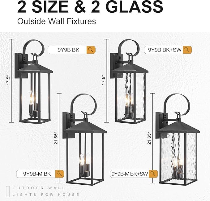 Porch Lights Outdoor Wall Light Fixtures Wall Mount, Modern Exterior Lighting Fixtures with Water Ripple Glass Waterproof, 2-Light E12 Sockets Outside Garage Lights for House Patio, 2 Pack