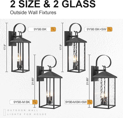 Porch Lights Outdoor Wall Light Fixtures Wall Mount, Modern Exterior Lighting Fixtures with Water Ripple Glass Waterproof, 2-Light E12 Sockets Outside Garage Lights for House Patio Porch