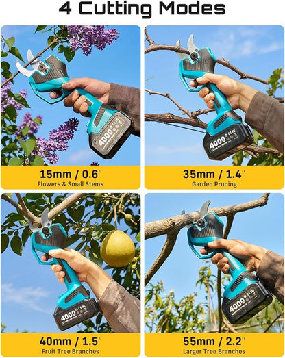 SEESII Electric Pruning Shears Cordless: 2.2" Cutting Diameter Power Cordless Pruner, 2*4000mAh Batteries, Brushless Motor, Extra SK5 Blade, 4 Modes Adjustable Garden Shears for Tree Flower Trimming