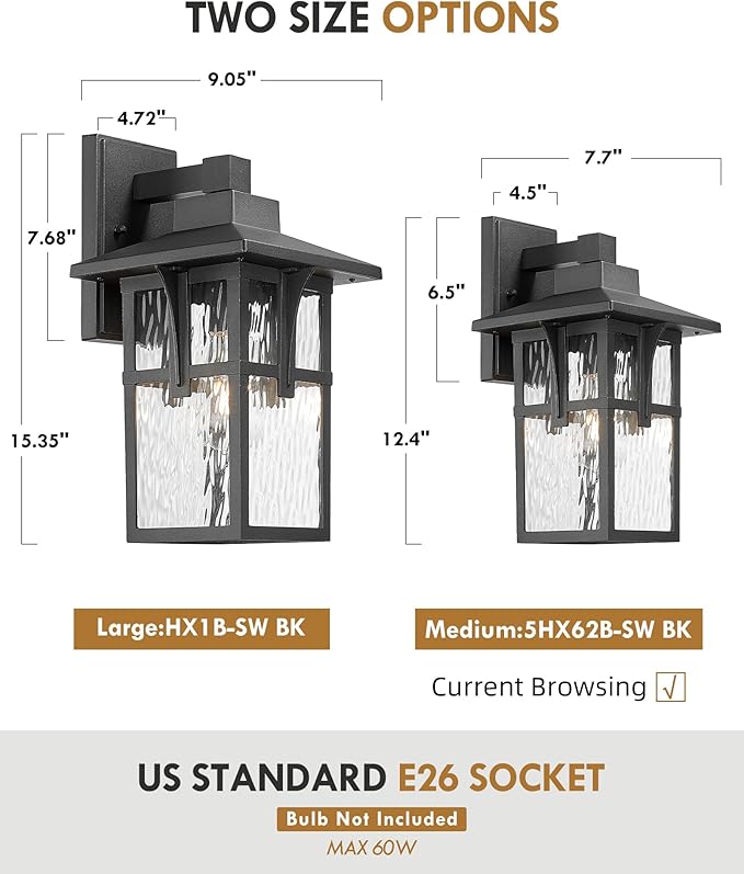 Outdoor Light Fixtures Wall Mount, HWH Outdoor Wall Lantern with Water Ripple Glass, 1-Light Porch Light in Matte Black Finish, Patio Balcony Indoor, 5HX62B-SW BK