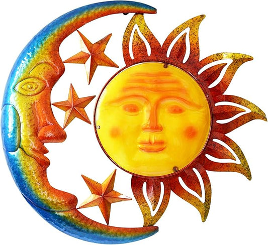 Large 19 Inch Metal Sun Moon Star Wall Art Decor, Bright Color Inspirational Valentine, Resistant to Rust Metal Sculpture Hanging for Indoor Outdoor Home Living Room Office Yard Garden