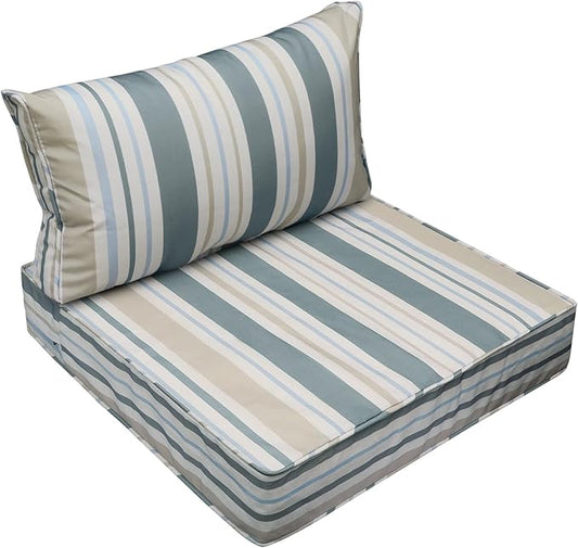 AAAAAcessories Outdoor Seat Cushions for Chairs, Fade-Resistant, Waterproof Patio Furniture Replacement Cushions, 23.5" x 25.5" x 5" + 23.5" x 13.5", Slate Gray Blue Coastal Stripe