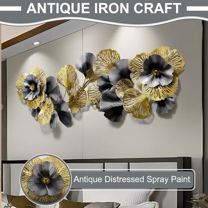 edaknez Extra Large Metal Wall Art, Metal Wall Decor for Living Room, 3D Flower Leaves Wall Decoration, Coastal Nautical Wall Hanging Sculpture, for Indoor Outdoor Black & Gold (B 145x55x6cm)