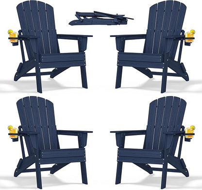 nevilywood Folding Adirondack Chair with Cup Holder Set of 4, HDPE Patio Chairs,All-Weather Outdoor Chairs for Backyard, Deck,Fire Pit-NavyBlue