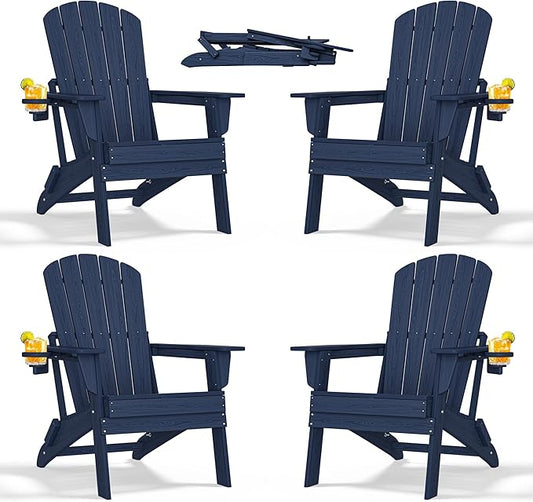 nevilywood Folding Adirondack Chair with Cup Holder Set of 4, HDPE Patio Chairs,All-Weather Outdoor Chairs for Backyard, Deck,Fire Pit-NavyBlue