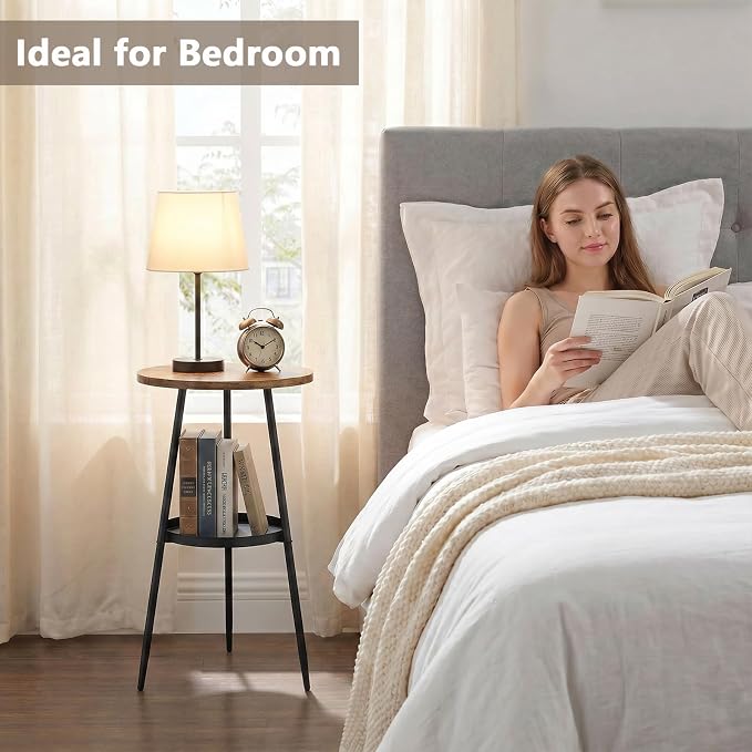 Side Table 2-Tier Round End Table Indoor Small Side Table Industrial Accent Table Nightstand for Small Spaces, Living Room, Bedroom.